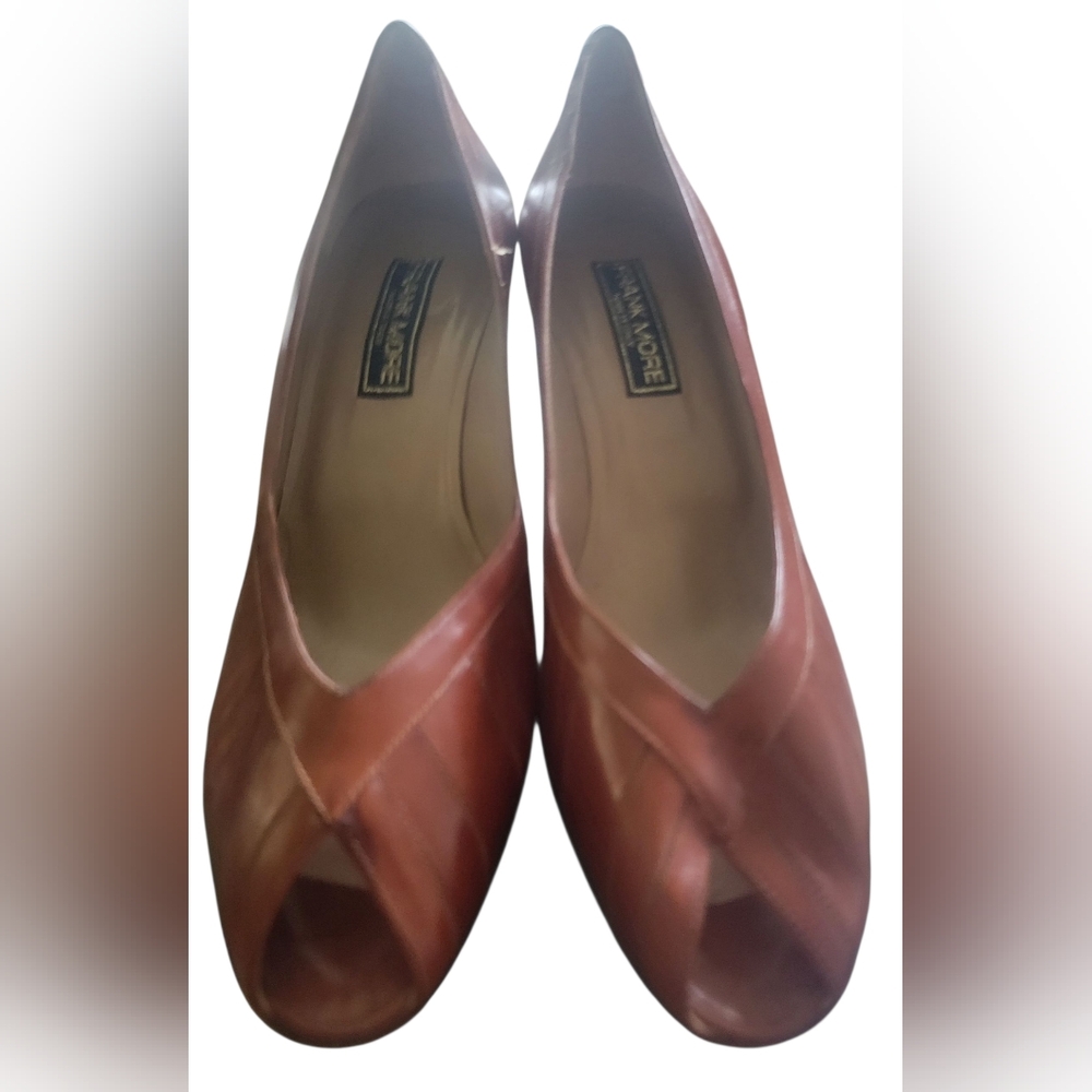 Rare Vintage Frank More Cognac Leather Crossover Peep Toe Pumps Size 8 NWOB